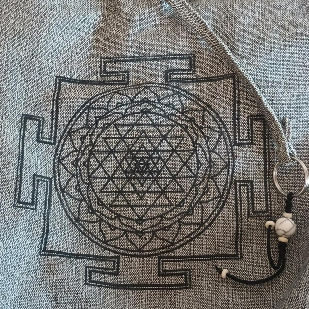 Gray Sri Yantra Hobo Bag Boho Crossbody with Striped Lining and Bead Keychain